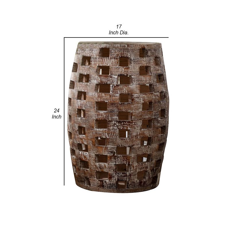 Side Table with Drum Shape and Cut Out Design， Large， Weathered Brown