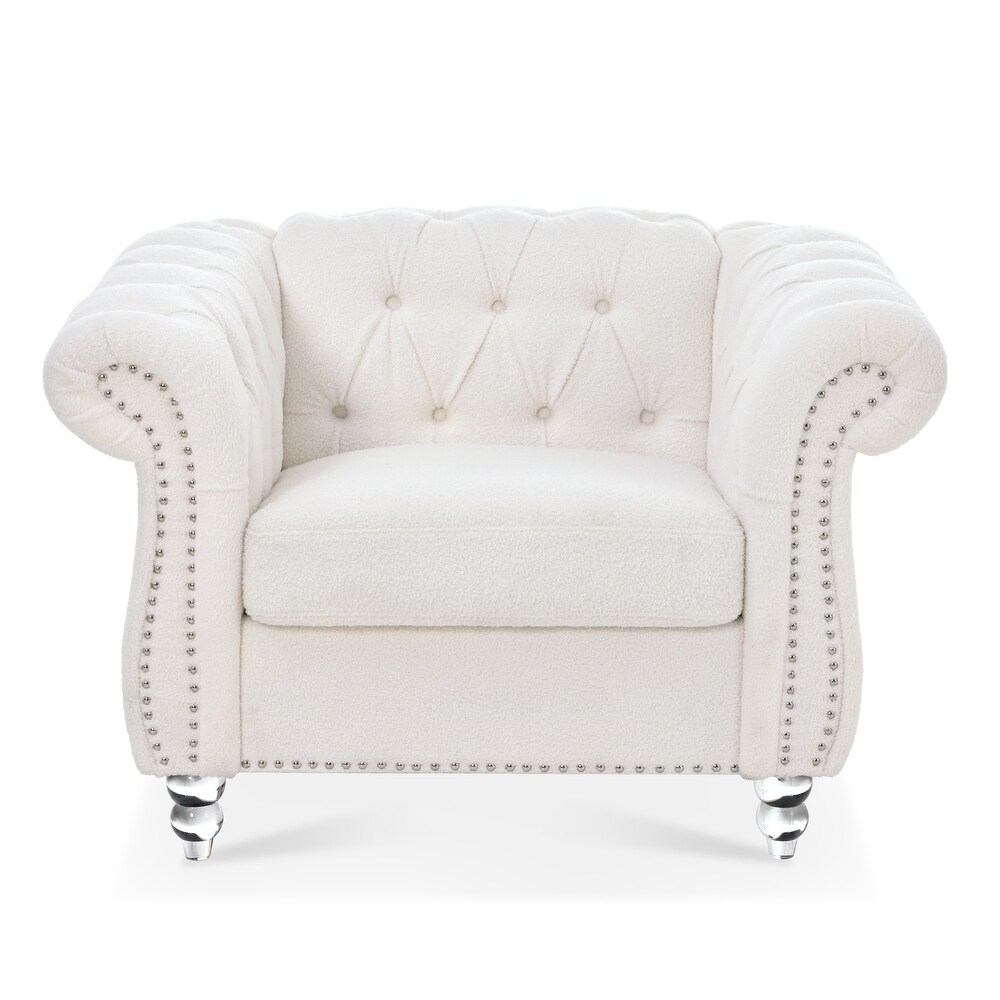 Livingroom Accent Chair  1 Seater Teddy Velvet Cover Sofa Armchair Rolled Arms Chair Lounge Chairs with Nailheads  White