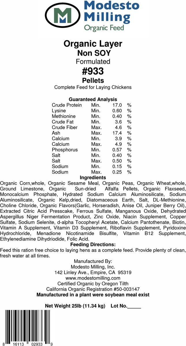 Modesto Milling Organic， Non-Soy Layer Pellets Poultry Feed