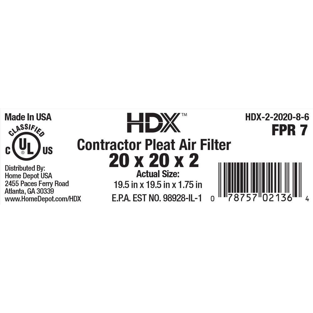 HDX 20 in. x 20 in. x 2 in. Contractor Pleated Air Filter FPR 7 HDX-2-2020-8-6