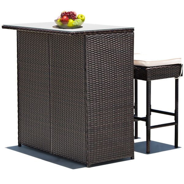 Costway 3PCS Patio Rattan Wicker Bar Table Stools Dining Set Cushioned