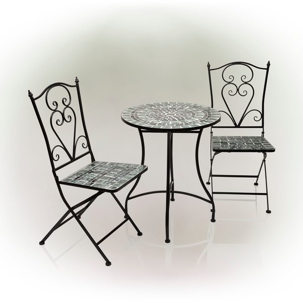 Alpine Corporation Indoor/Outdoor Marbled Glass Mosaic 3Piece Bistro Set Folding Table and Chairs Patio Seating