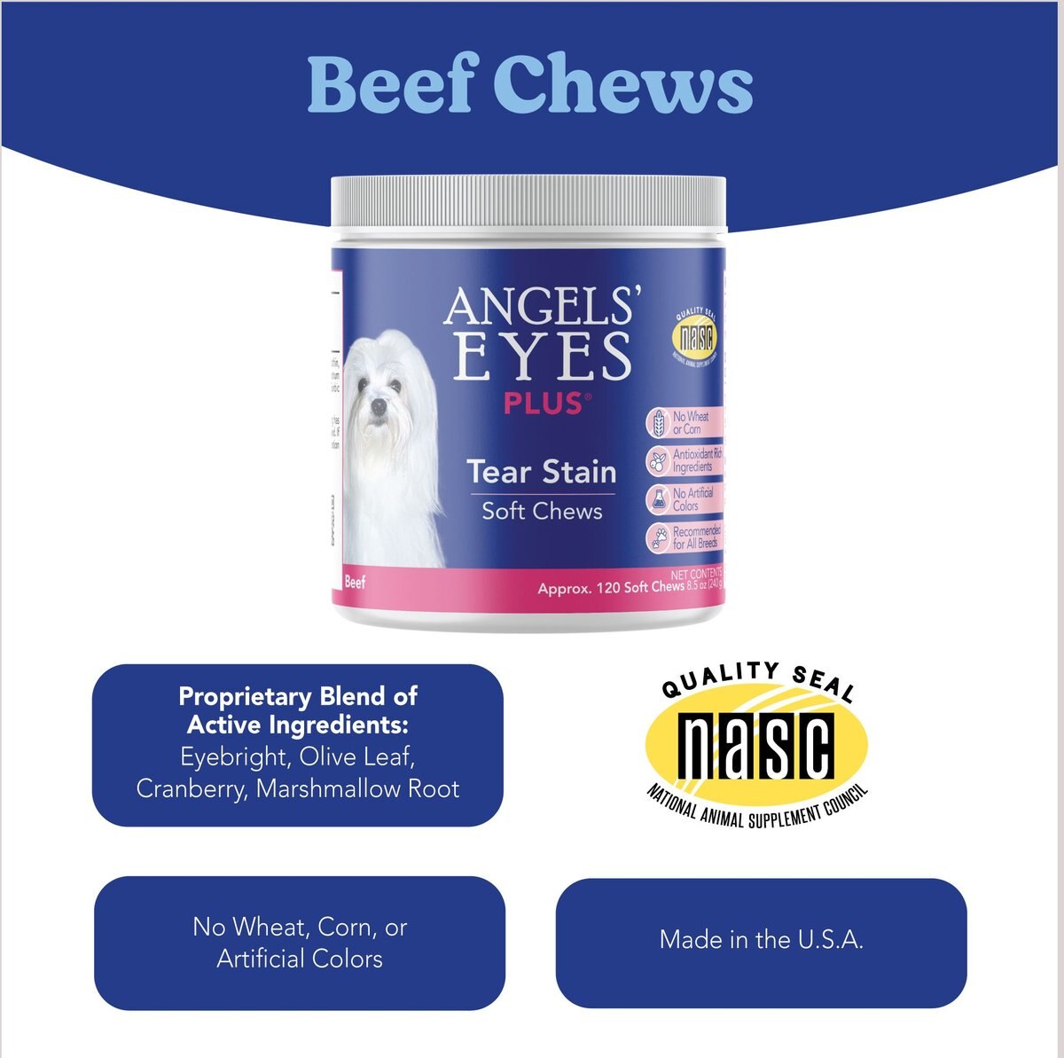 Angels' Eyes Plus Beef Flavored Soft Chews Tear Stain Supplement for Dogs and Cats