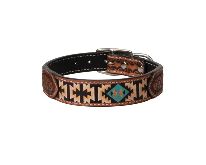 Weaver Pet Leather Dog Collar， Painted Aztec， 3/4