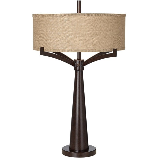 Tall Bronze Metal Burlap Fabric Drum Shade For Bedroom Living Room Bedside Nightstand Office