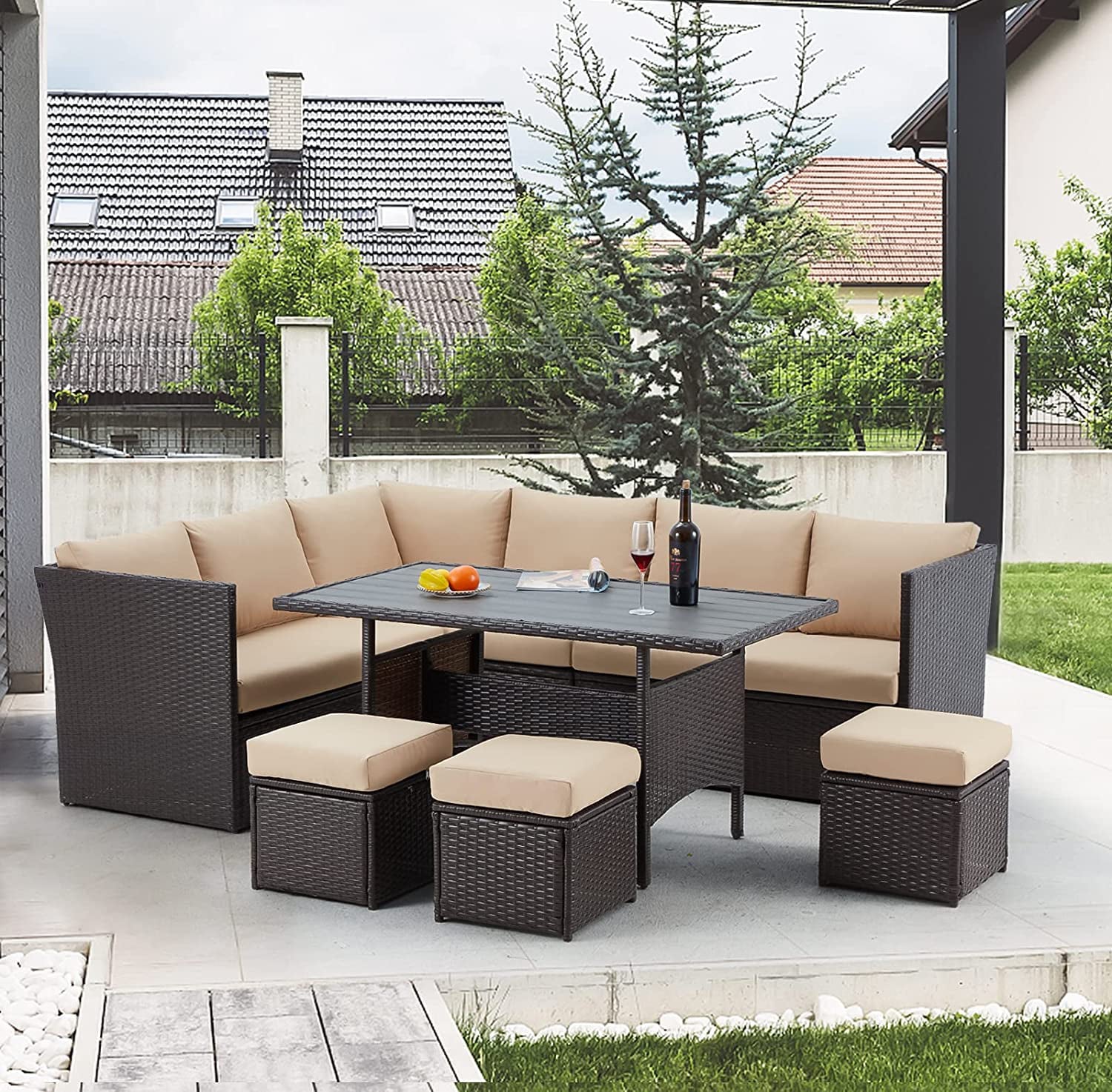 AECOJOY 7 Piece Patio Conversation Set, Outdoor Sectional Sofa Rattan Wicker Dining Furniture, Beige