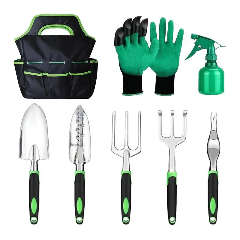 Wholesales 7 in 1 Aluminum Gardening Hand Tools Set Kit Shovel Fork Rake Weeder with Storage Tote Bag for Transplanting Digging