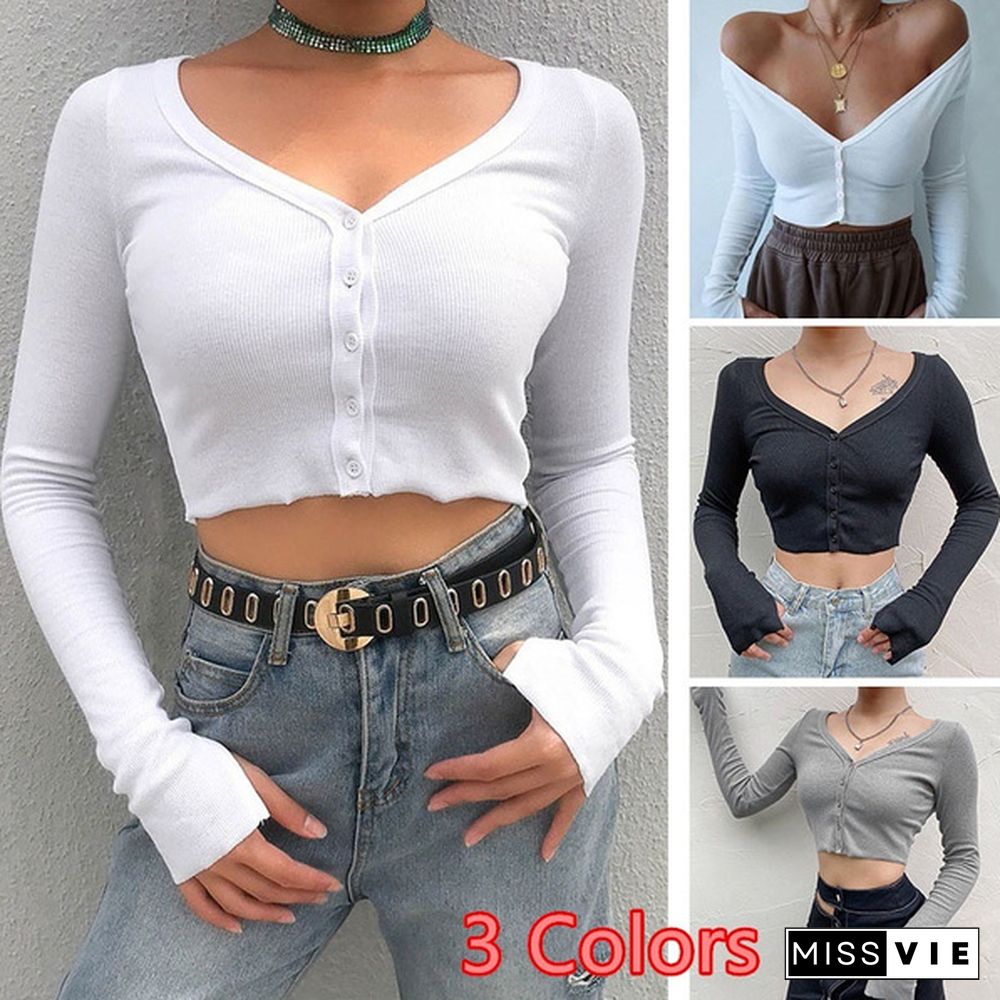 Women Spring Fashion Sexy Slim Knitted V-neck Crop Tops Cardigan Ladies Long Sleeve T-shirt Sweater