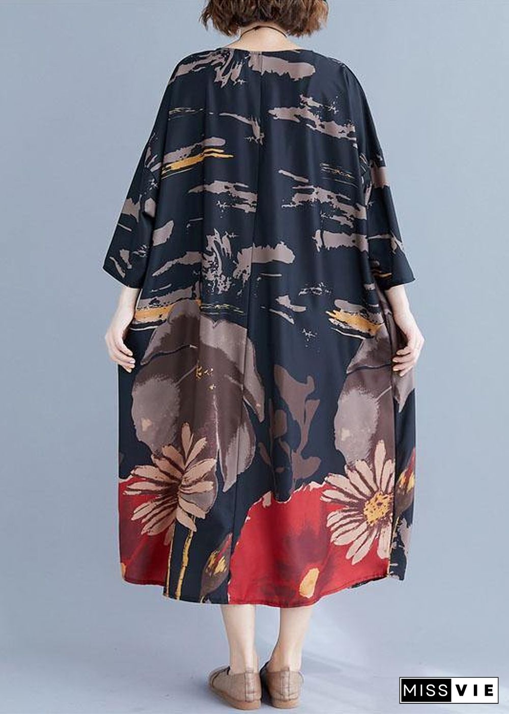 French Navy O-Neck Print Summer Loose Dresses Half Sleeve