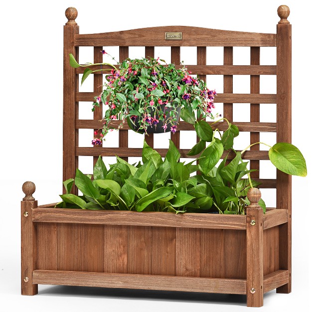 Tangkula Set Of 2 Outdoor Wooden Plant Box Flower Plant Growing Box Holder With Trellis