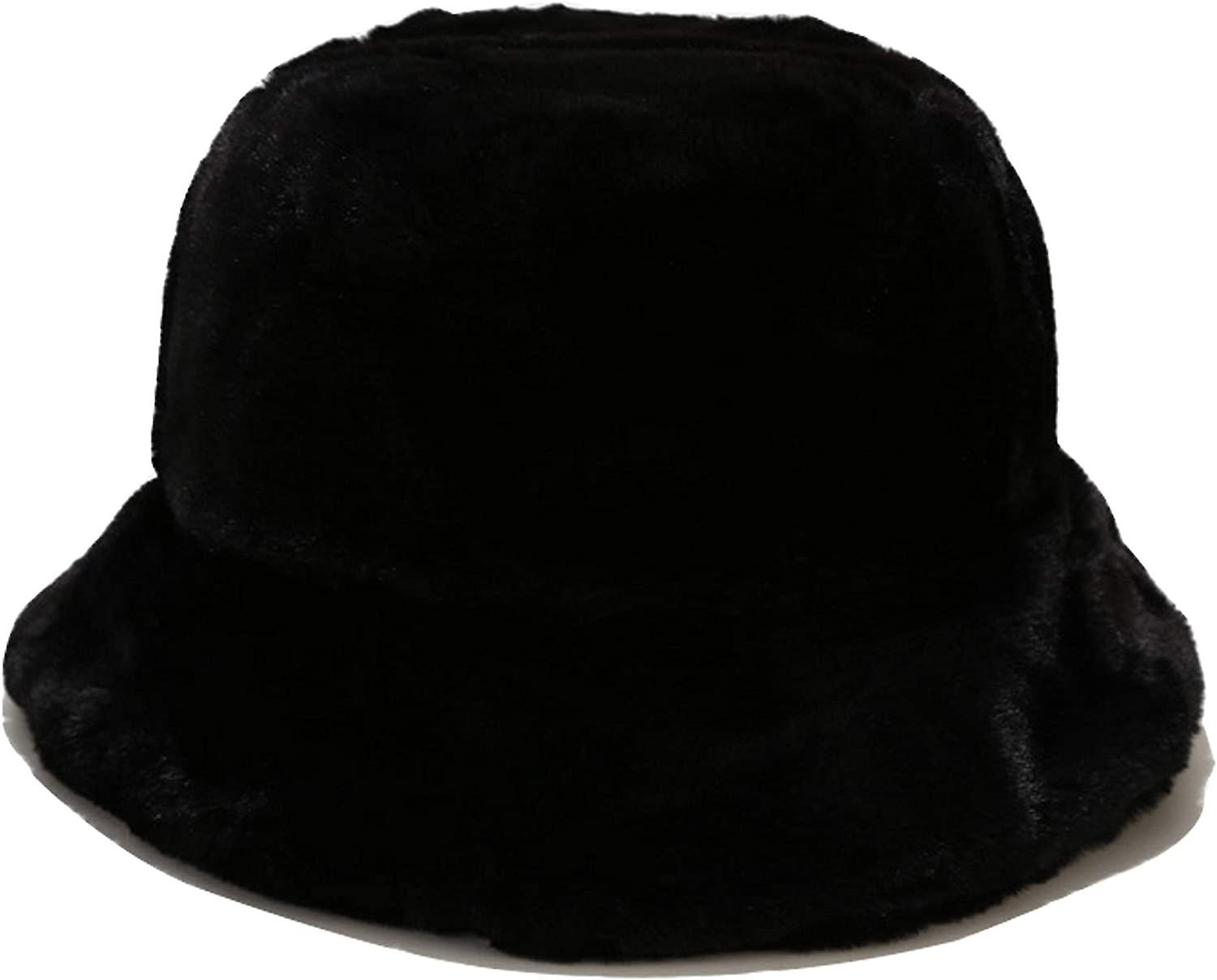 Winter Faux Fur Bucket Hat Fluffy Warm Hat For Women Men A Black -