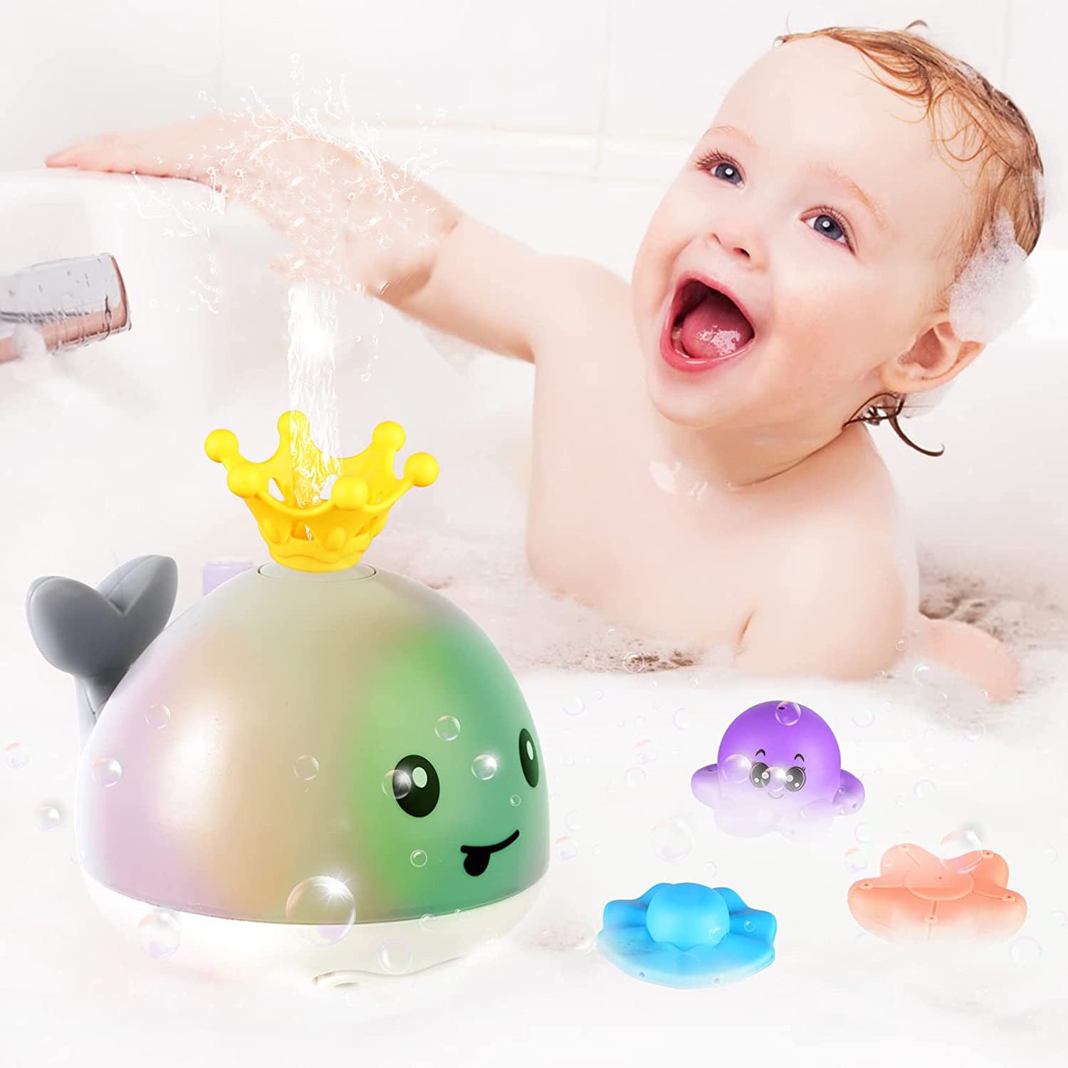 BESSNINI Baby Bath Toys， Cute Toddler Whale Light-up Spraying Bathtub Toys for Baby Infants Boys Girls with 4 Water Spraying Modes Gray