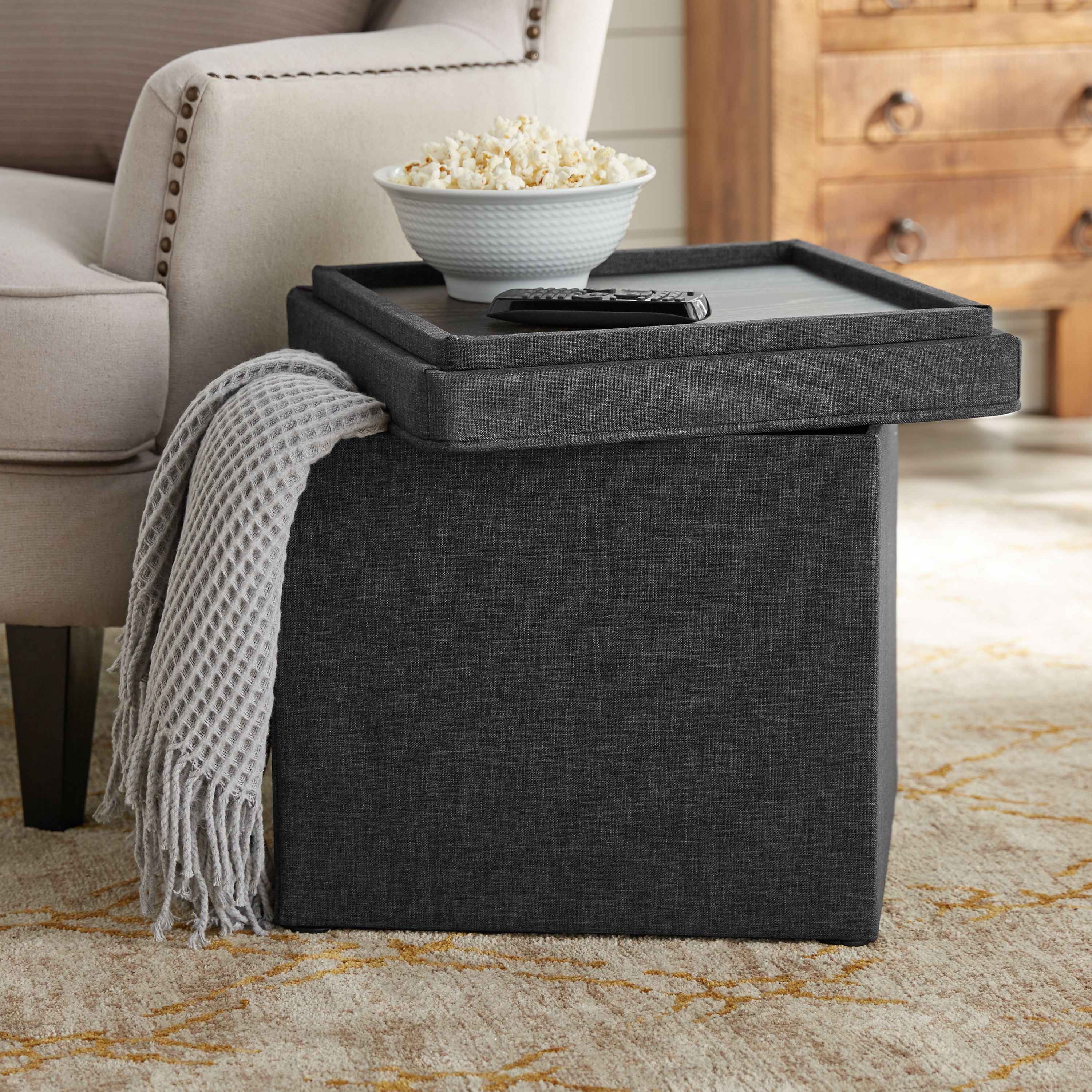 Better Homes & Gardens Storage Ottoman with Tray, 16, Grey