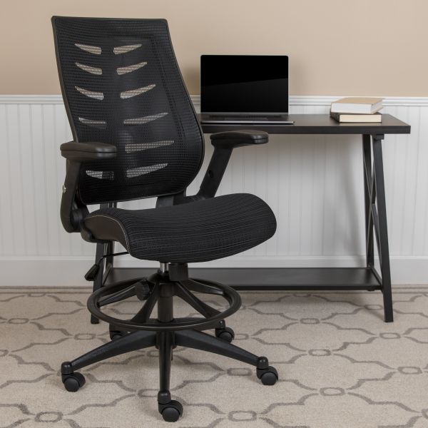 Kale High Back Black Mesh Spine-Back Ergonomic Drafting Chair with Adjustable Foot Ring and Adjustable Flip-Up Arms