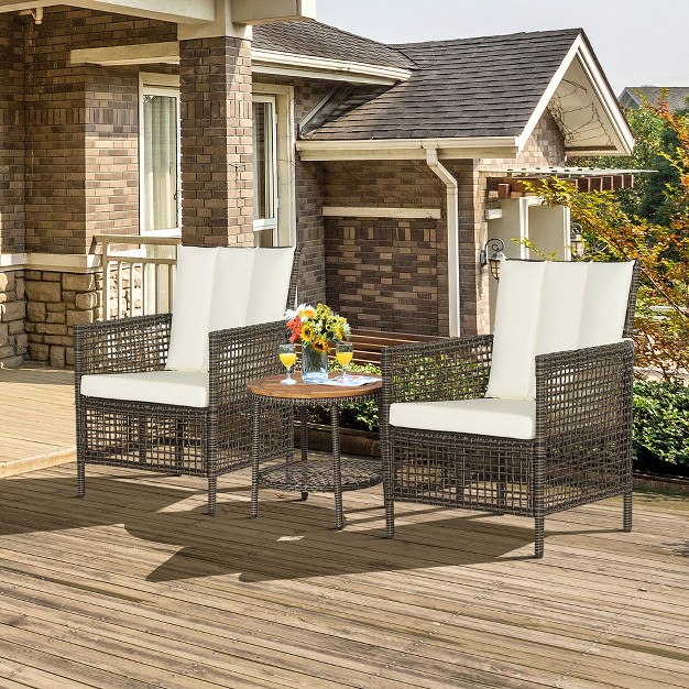 Tangkula 3pcs Patio Wicker Bistro Set Furniture Set Pe Rattan Table Set W Off White Cushions