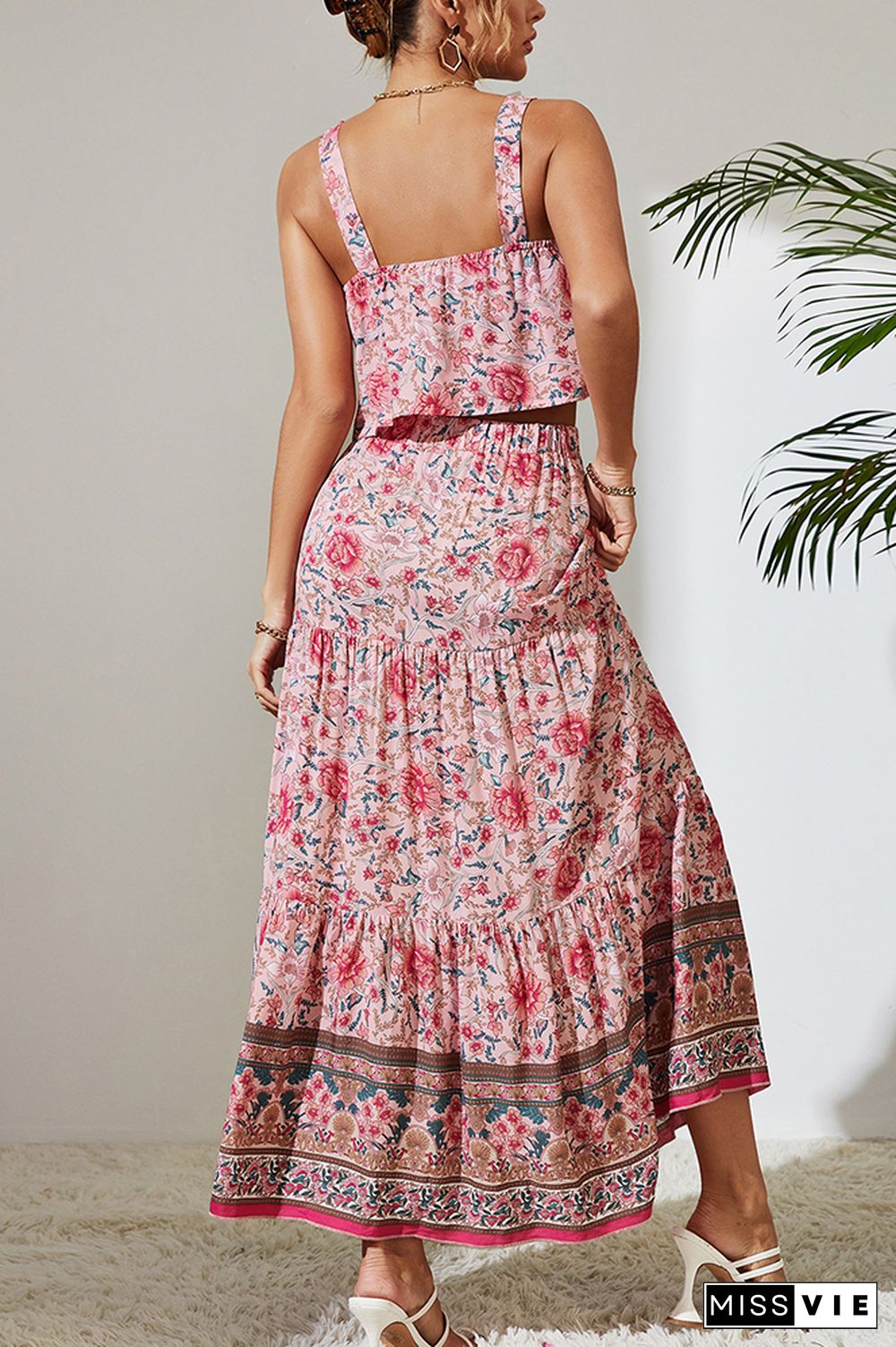 Pink Floral Sleeveless Top and Tiered Skirt Set