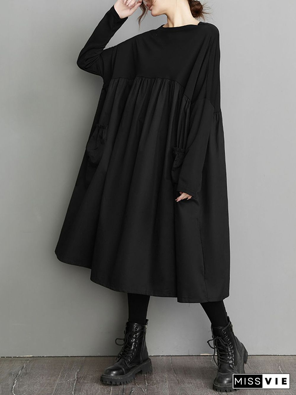 Simple Loose Black Split-Joint Long Sleeves Midi Dress