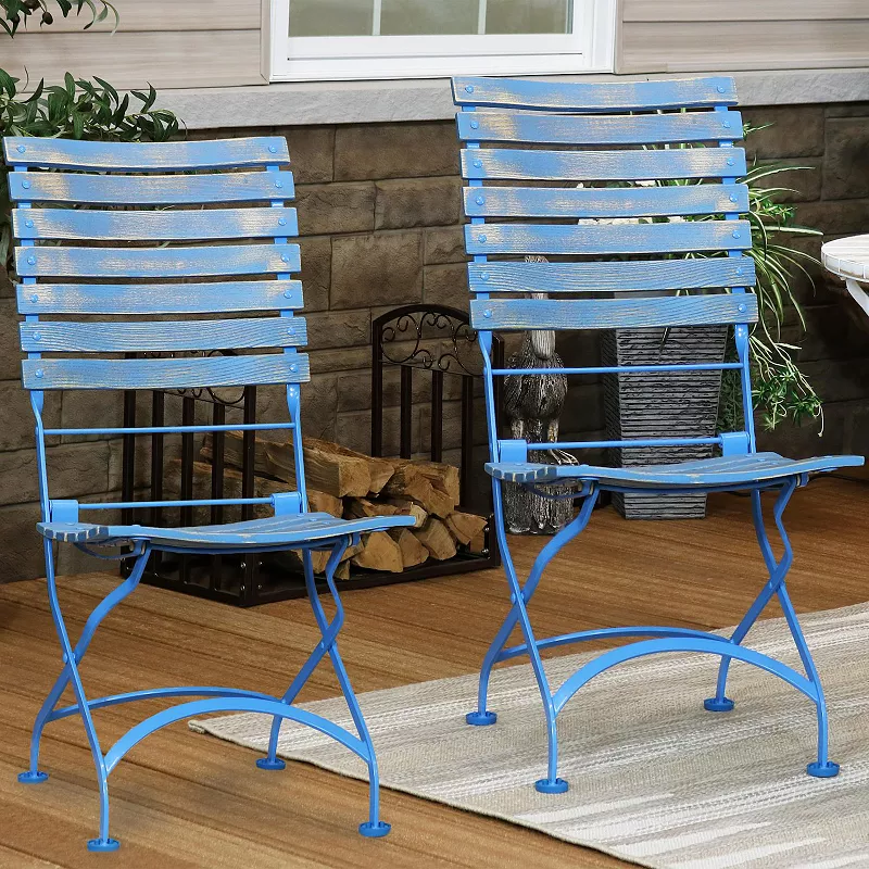 Sunnydaze Cafe Couleur Chestnut Folding Bistro Chair - Blue - Set of 4