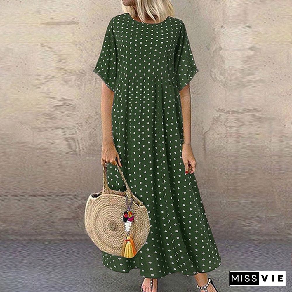 Women Summer Retro Polka Dot Printed Long Dress Casual Loose O-neck Short Sleeve Tunic Dress Maxi Dress Vestidos S-5XL