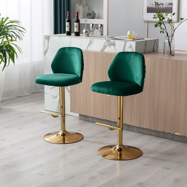 Green Swivel Adjustable Height Velvet Upholstered Stool（Set of 2）