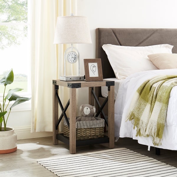 Farmhouse Wood Side Table， Nightstand with Mesh Shelf