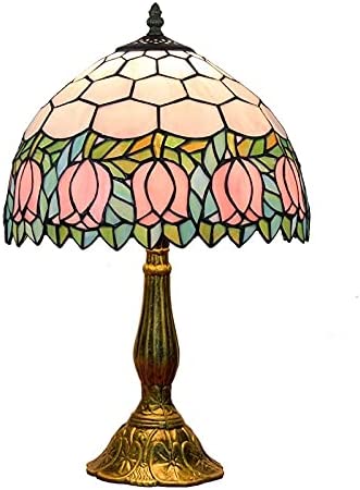 SHADY  Lamp Stained Glass Lamp Pink Tulip Bedroom Table lamp Reading Desk Light for Bedside Living Room Office Dormitory Dining Room Decorate Housewarming  12X12X18 Include Light B