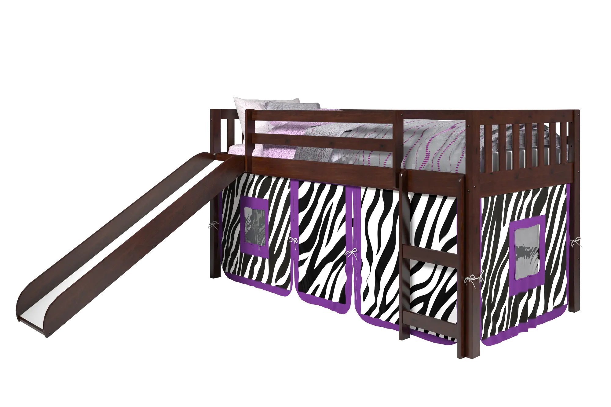 Mission Loft Cappuccino Twin Bed with Purple Zebra Tent