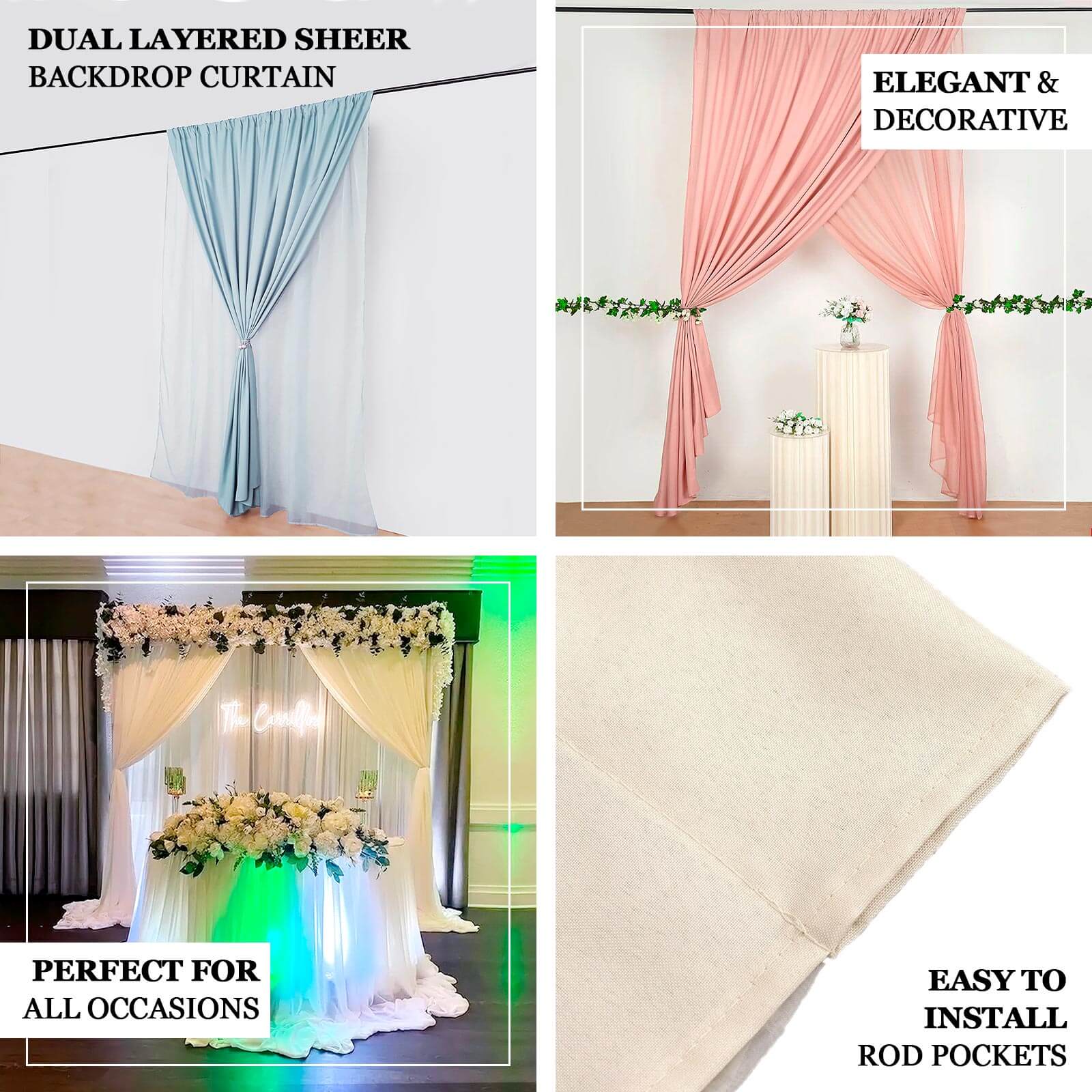 White Chiffon Polyester Backdrop Drape Curtain, Dual Layer Event Divider Panel with Rod Pockets - 10ftx10ft