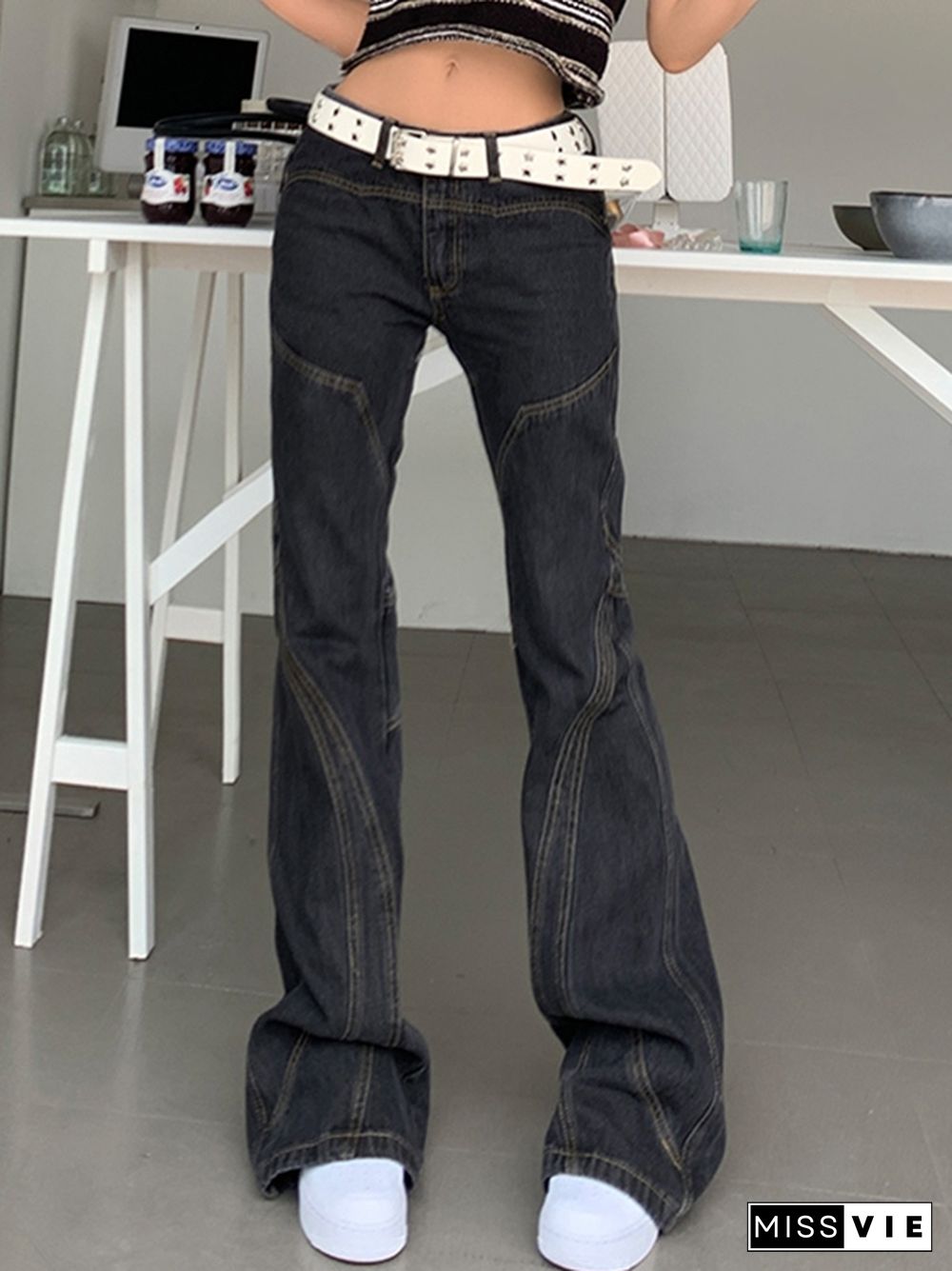 Patchwork Design Low Waist Flare Jeans