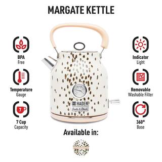 HADEN Margate 7 Cup WhiteBrown Spots Cordless Electric Kettle with Boil Dry Protection and Automatic Shut-Off 75023