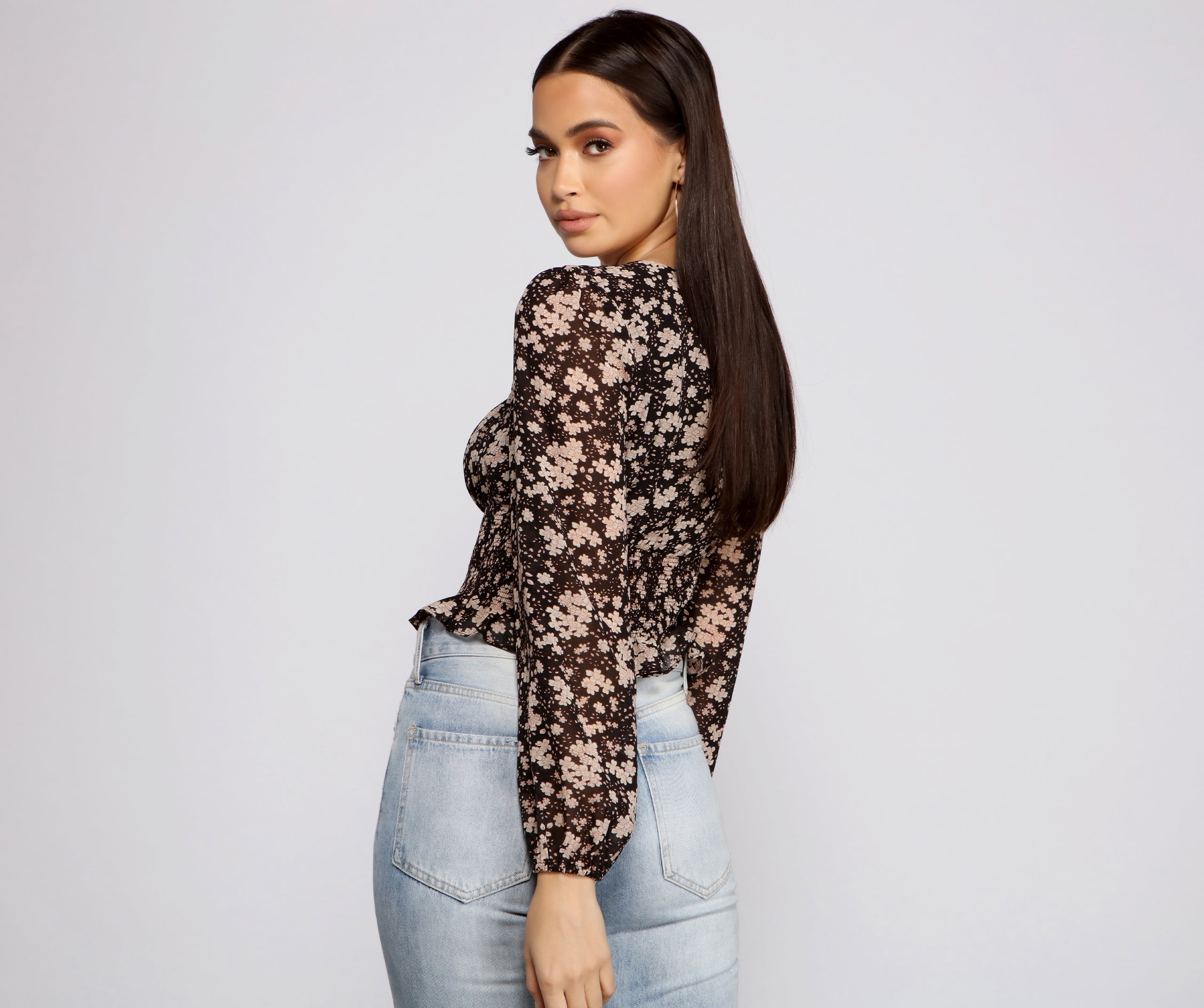 Floral Charm Smocked Long Sleeve Top