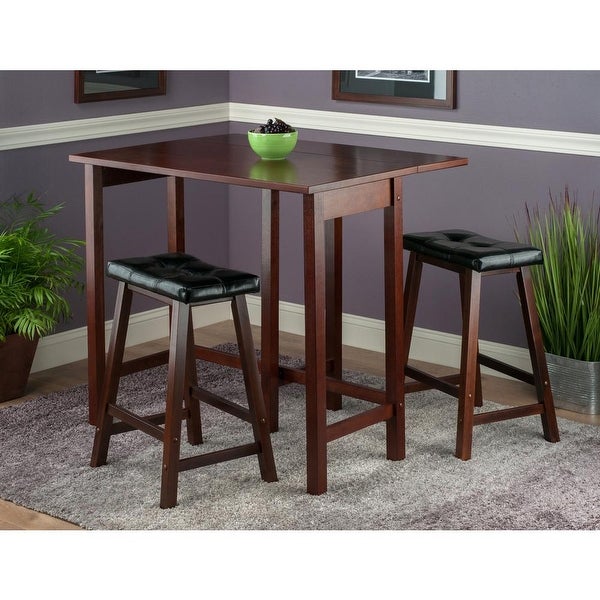 Wood Lynnwood 3-Pc Set， Drop Leaf Table and 2 Cushioned Saddle Seat Stools， Walnut Finish