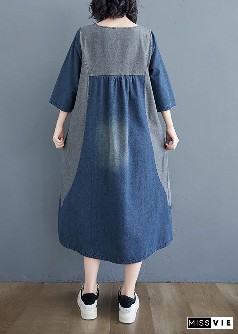 Simple Blue O-Neck Patchwork Wrinkled Denim Long Dress Spring