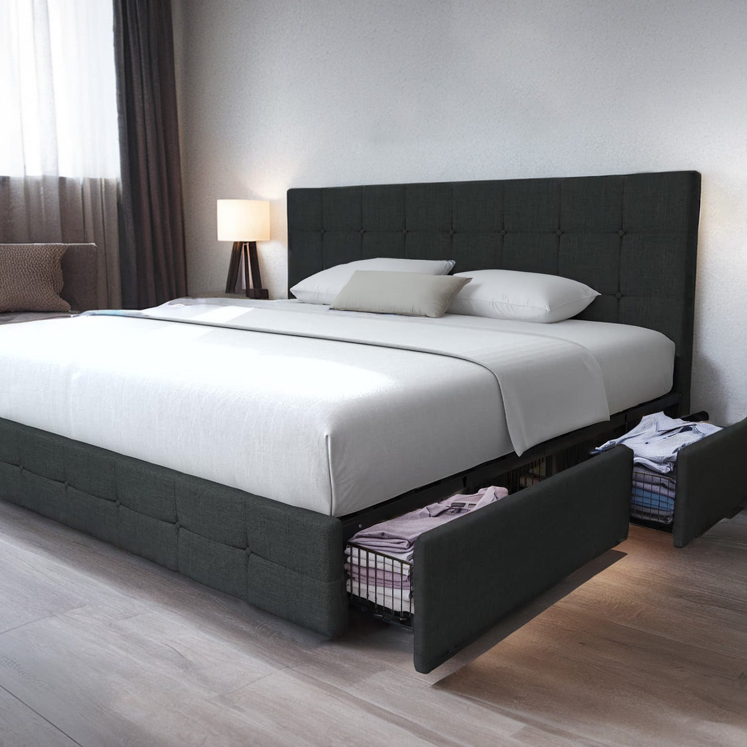 Upholstered Bed Frame with 4 Drawers Storage and Headboard with Wood Slat Support, No Box Spring Needed