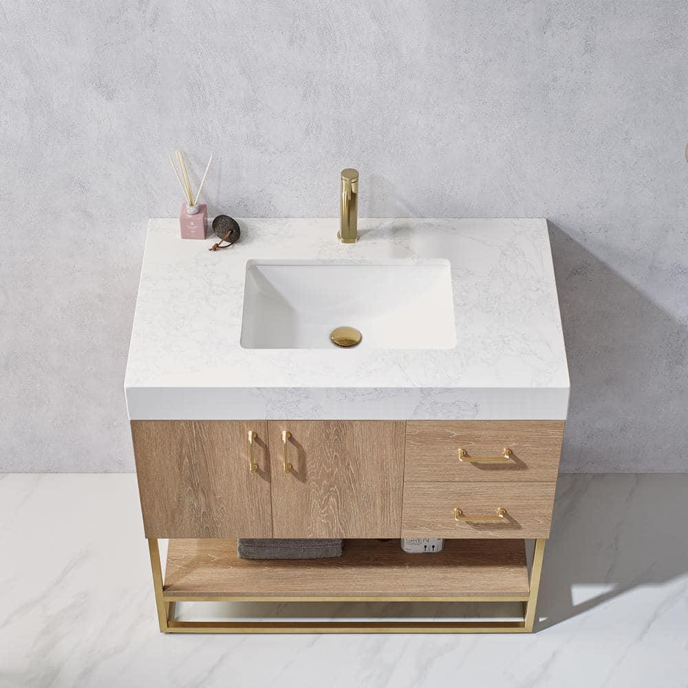 ROSWELL Alistair 36 in Bath Vanity in North American Oak with Grain Stone Top in White with White Basin