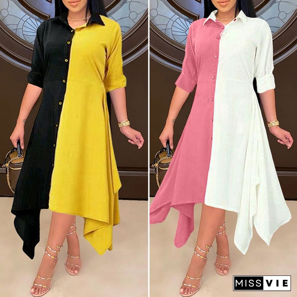 Fashion Women Spring Patchwork Midi Shirt Dress Long Sleeve Button Up Irregular Hem Casual Dresses Vestidos