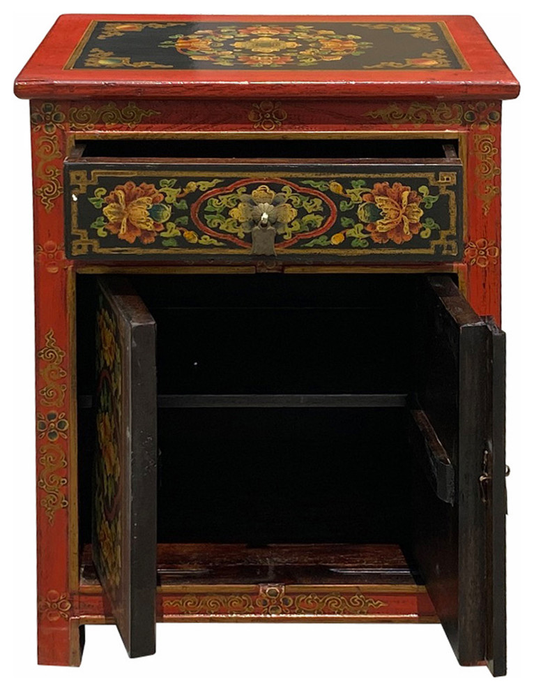 Tibetan Oriental Black Orange Red Floral End Table Nightstand Hcs6949   Asian   Side Tables And End Tables   by Golden Lotus Antiques  Houzz