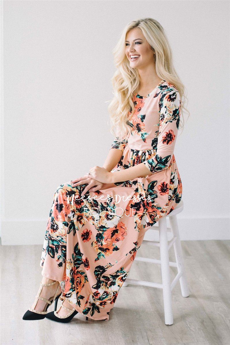 Peach Watercolor Floral Maxi Dress