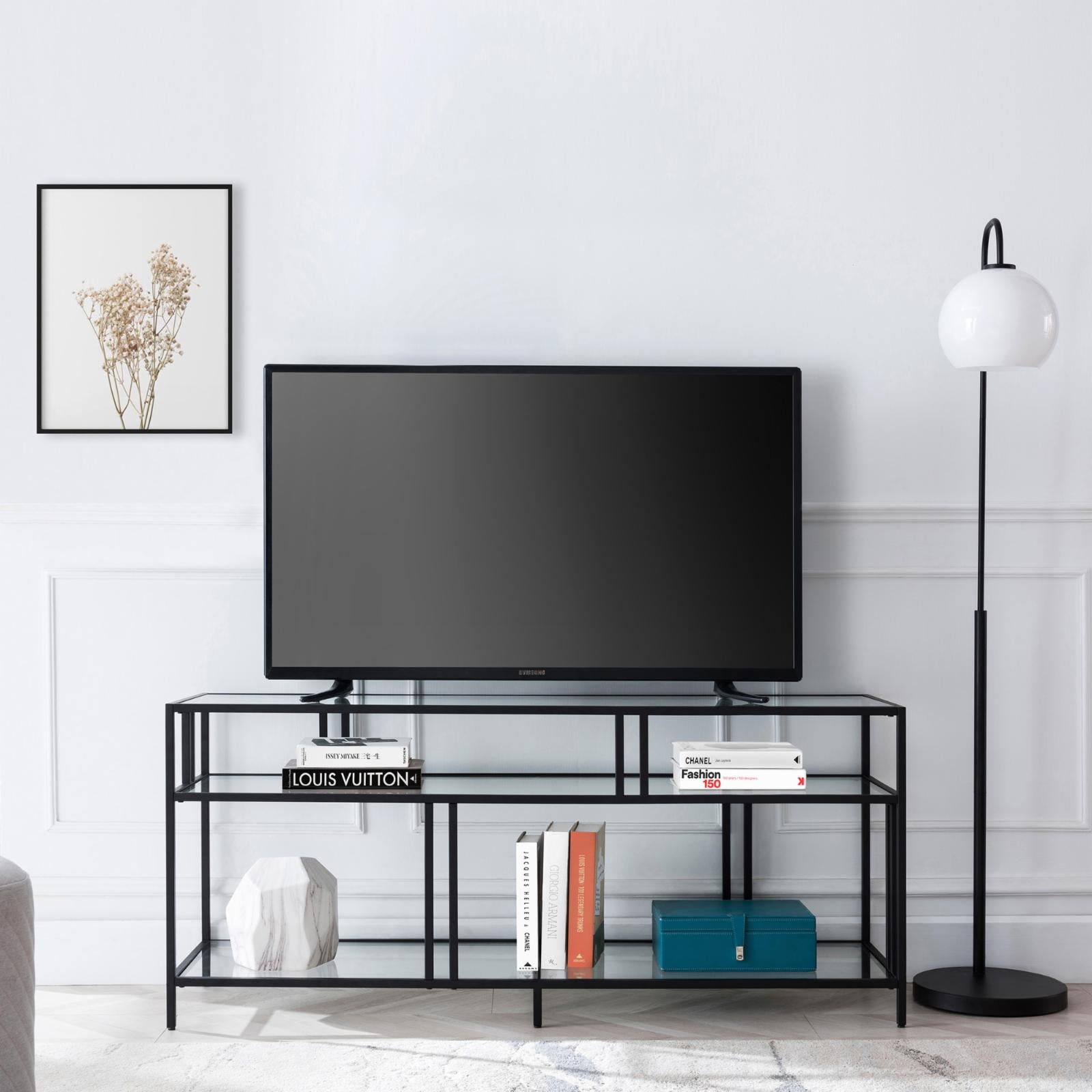 Evelyn&Zoe Industrial Metal TV Stand with Glass Shelves for TVs up to 60