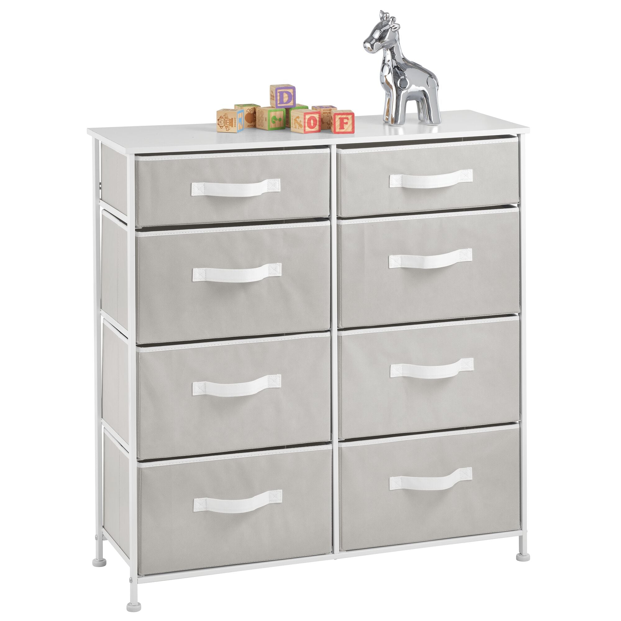 mDesign Tall Steel Frame/Wood Top Storage Dresser Furniture with 8 Slim Fabric Drawers, Large Bureau Organizer for Baby, Kid, Teen Bedroom, Nursery, Playroom, Dorm - Jane Collection, Light Gray/White