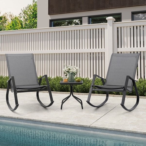 3 PCS Patio Bistro Set，Outdoor Rocking Chairs and Glass Coffee Table Side Table