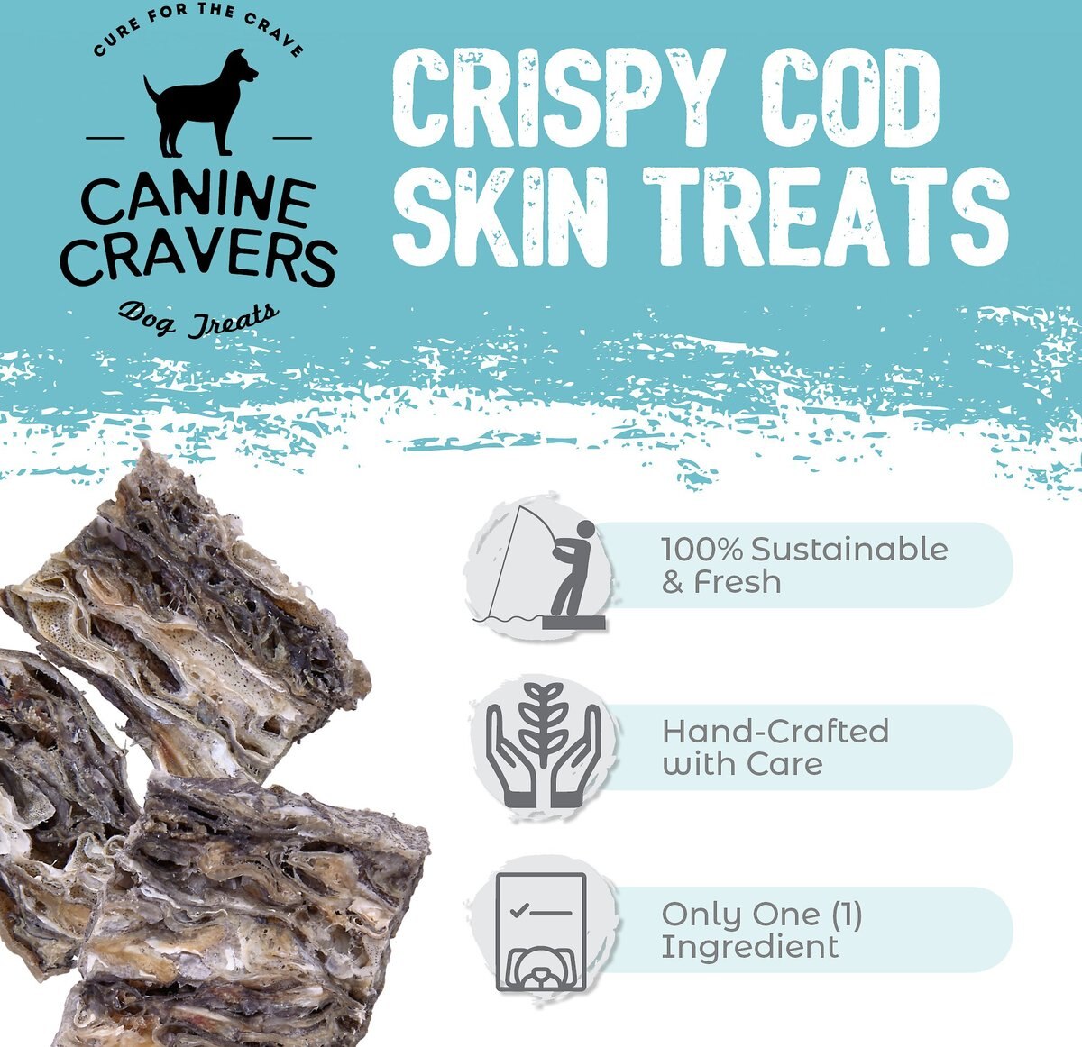 Canine Cravers Crispy Cod Skins Dehydrated Dog Treats， 4-oz pouch