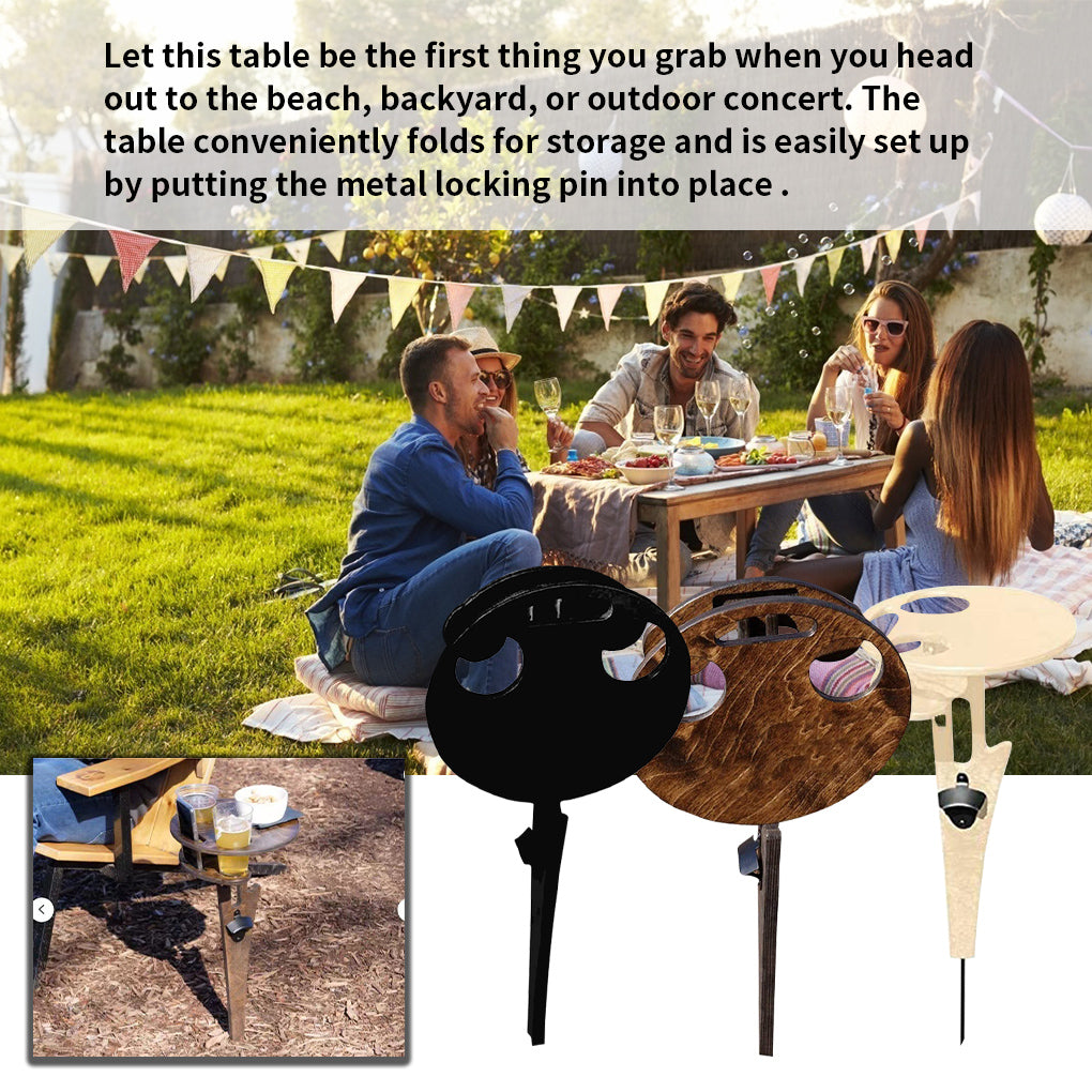 1111Fourone Wine Table Outdoor Wood Glass Table Portable Foldable Picnic Can Opener Desk for Beach， Black