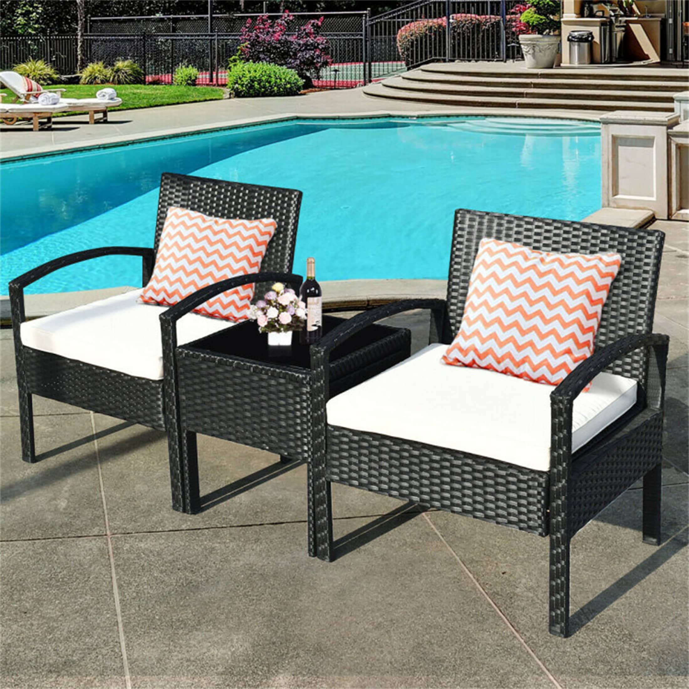 3 Pieces Outdoor Rattan Patio Conversation Set with Seat Cushions -  - 37563811