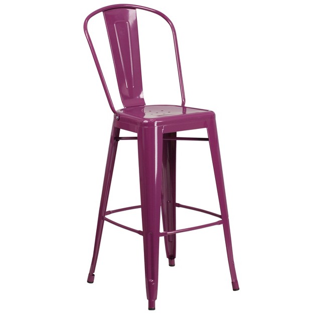 Merrick Lane Sabine Metal Indoor outdoor Barstool With Vertical Slat Back And Integrated Footrest