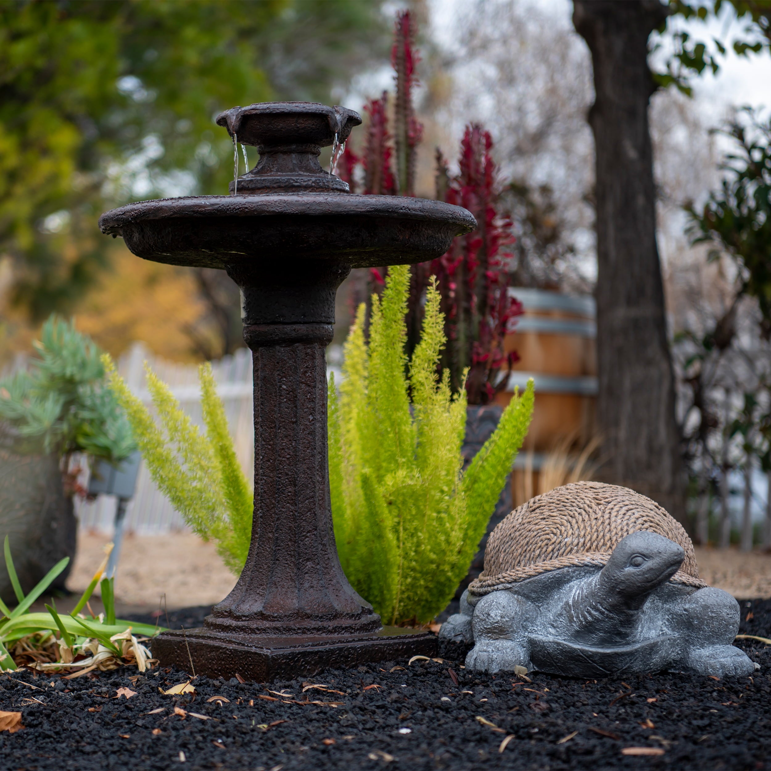 XBrand 28" Bird bath Water Fountain, 1-Tier, Outdoor, Brown Resin, Auto Shut Off Pump for Home Garden Yard Décor