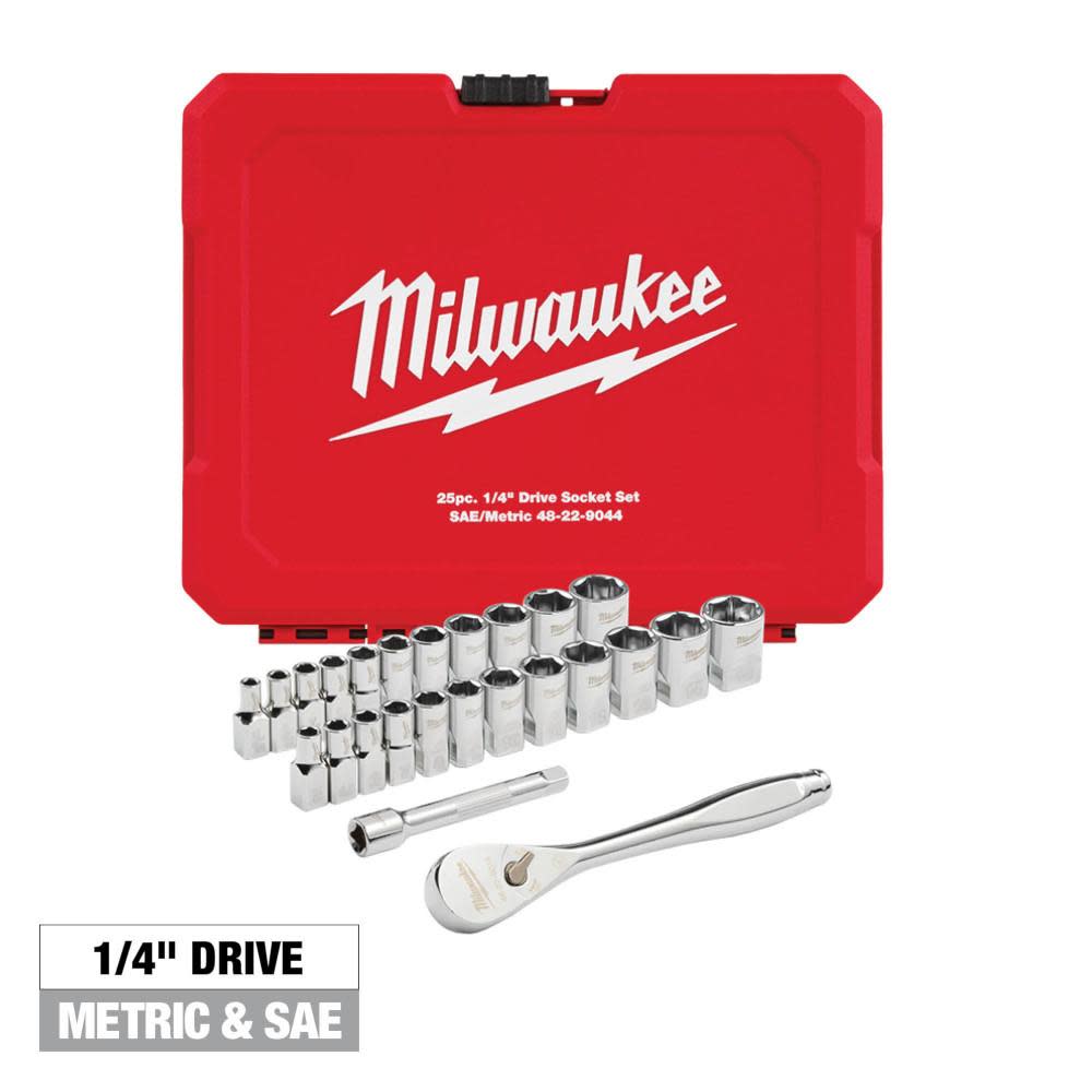 Milwaukee 1/4 Drive Metric and SAE Ratchet/Socket 25pc Set with FOUR FLAT SIDES