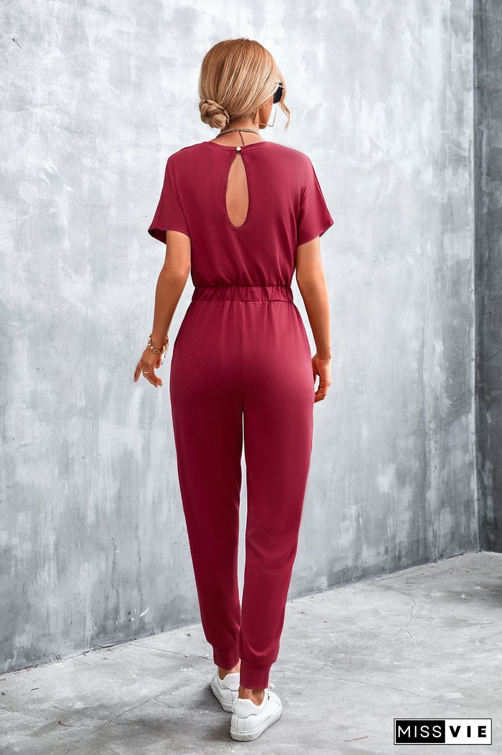 Cut Shoulder Drawstring Waist Sleeveless Jumpsuit