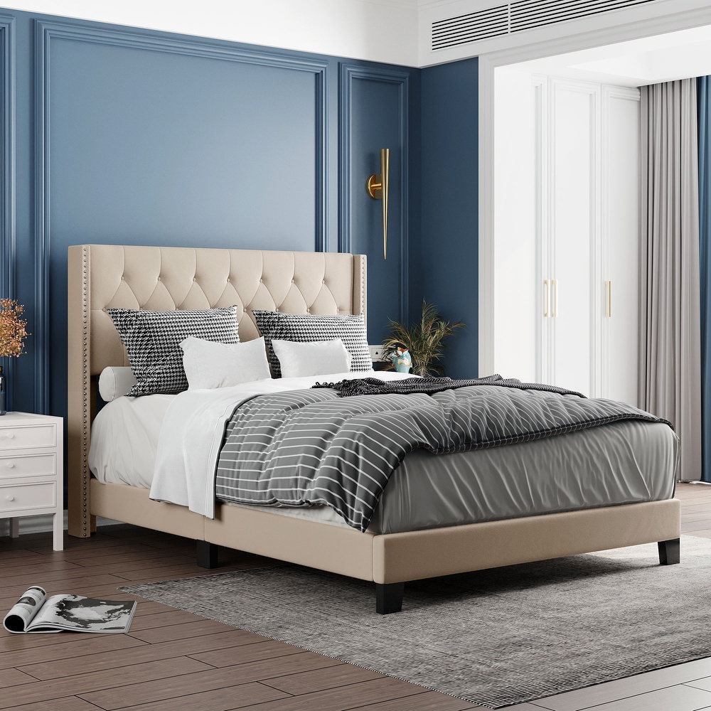 Elegant Design Queen Size Upholstered Platform Bed with Classic Linen Fabric Button Tufted Headboard  Box Spring Needed