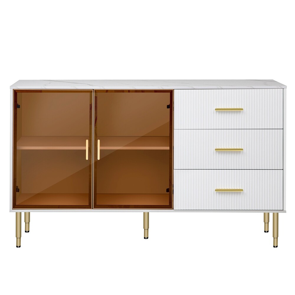 Modern Sideboard Buffet Cabinet with Glass Doors and Metal Legs   Handles